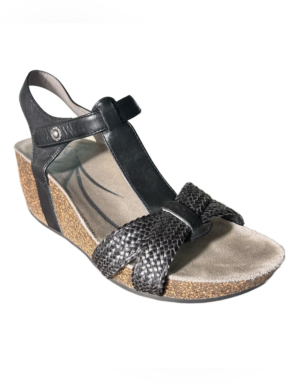 Abeo Sandals Size 8N Urmy Black Leather Wedge Sandal with Braided Straps